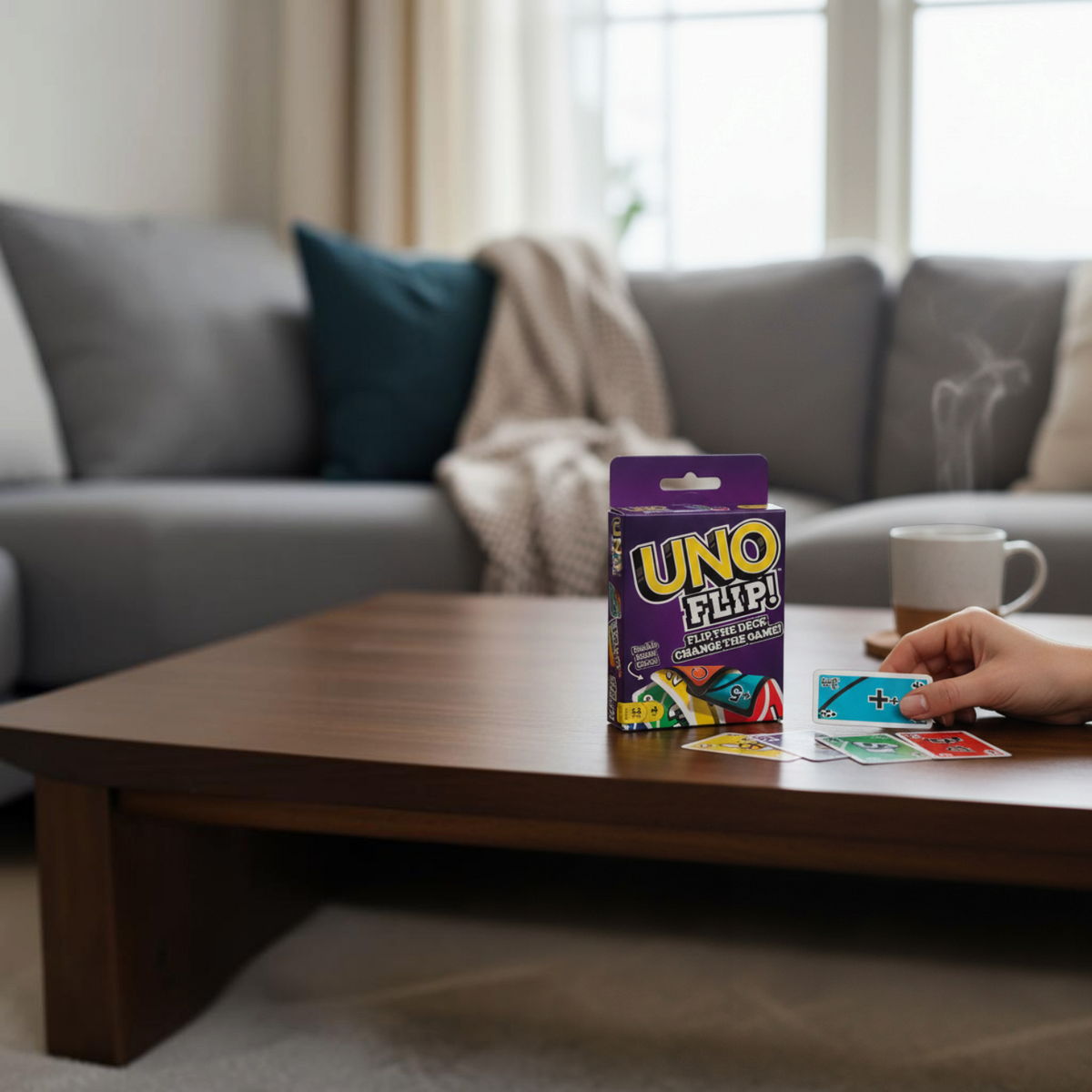 Mellow Monkey UNO Flip card game box and double-sided playing cards on a wooden coffee table in a cozy living room.
