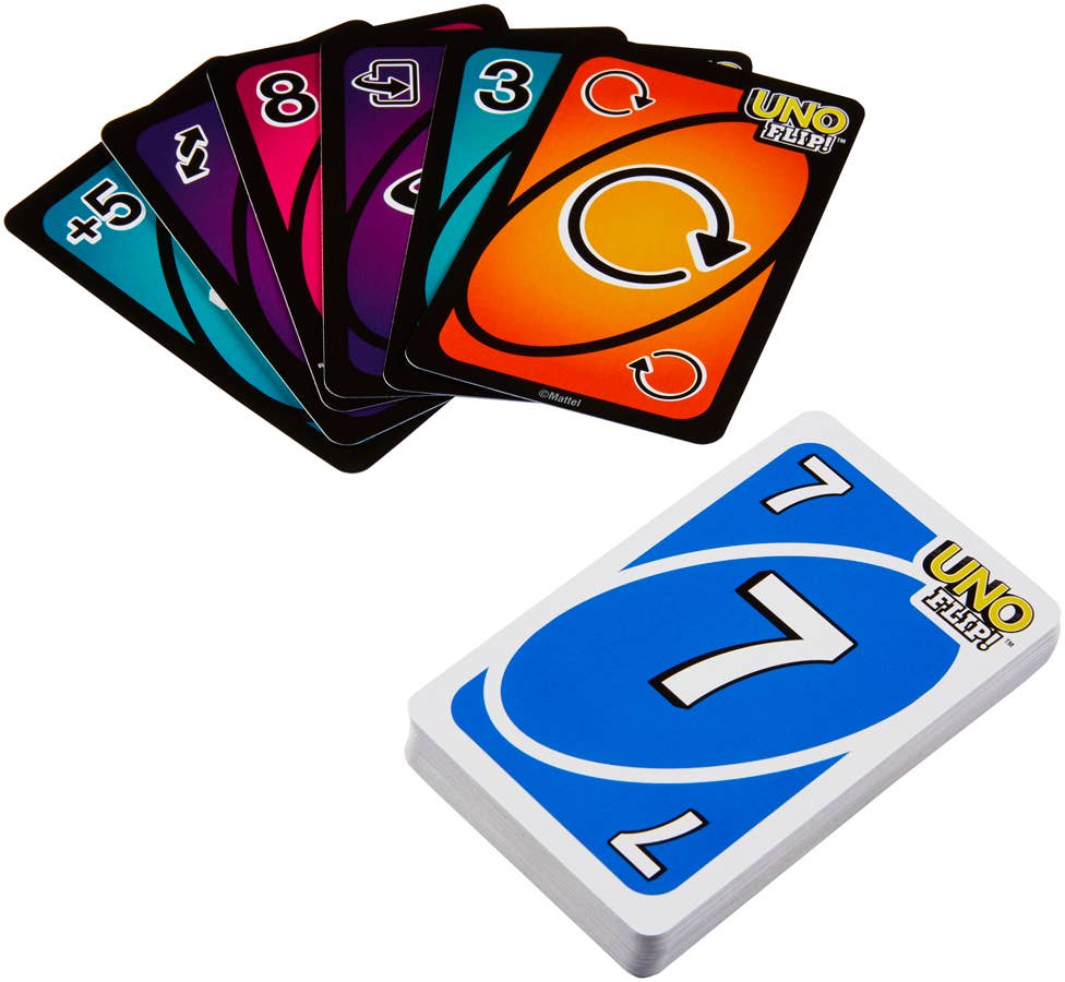 Mellow Monkey UNO Flip card game featuring a deck of double-sided cards with light and dark play modes.