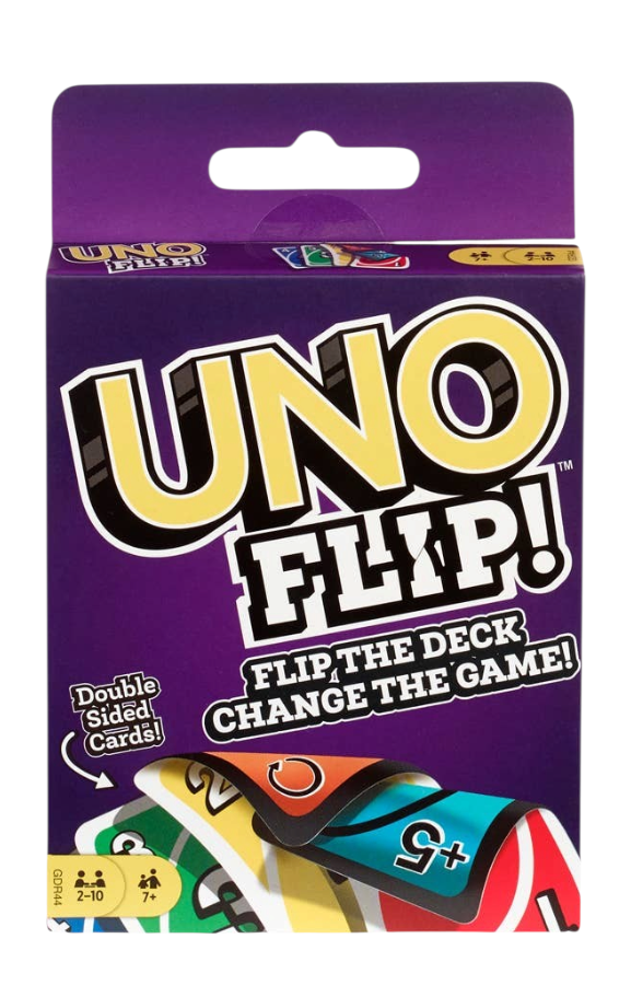 Mellow Monkey UNO Flip card game box featuring double-sided cards with light and dark sides for 2-10 players