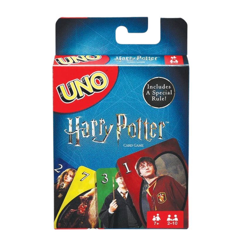 Mellow Monkey UNO Harry Potter card game box featuring iconic characters and special rules for 2-10 players