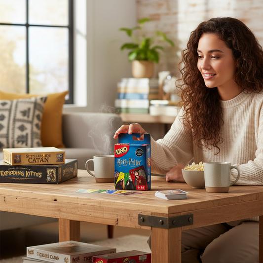 Mellow Monkey Harry Potter UNO card game box on a wooden table with a smiling woman playing in a cozy living room