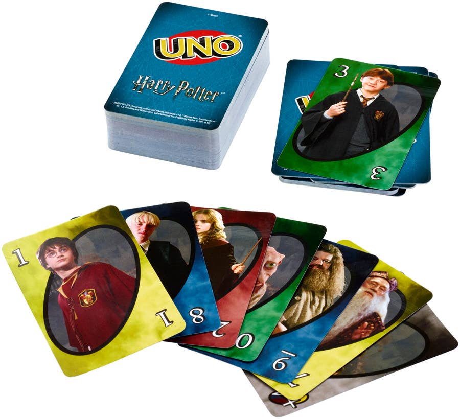 Mellow Monkey UNO Harry Potter card game with a deck box and character cards featuring Harry, Ron, and Hermione.