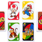 Mellow Monkey UNO Super Mario card game featuring character cards like Toad, Mario, and Diddy Kong with card decks.