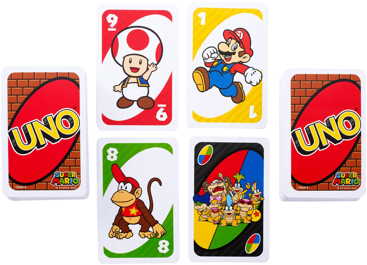 Mellow Monkey UNO Super Mario card game featuring character cards like Toad, Mario, and Diddy Kong with card decks.