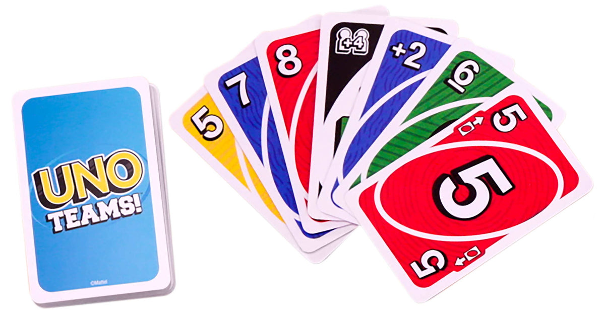 Mellow Monkey UNO Teams card game with a deck and a hand of colorful number and action cards for team play