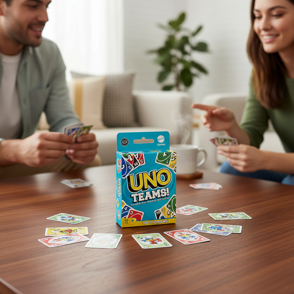 Mellow Monkey UNO Teams card game box on a wooden table with a couple playing in the background