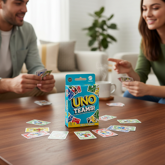 Mellow Monkey UNO Teams card game box on a wooden table with a couple playing in the background