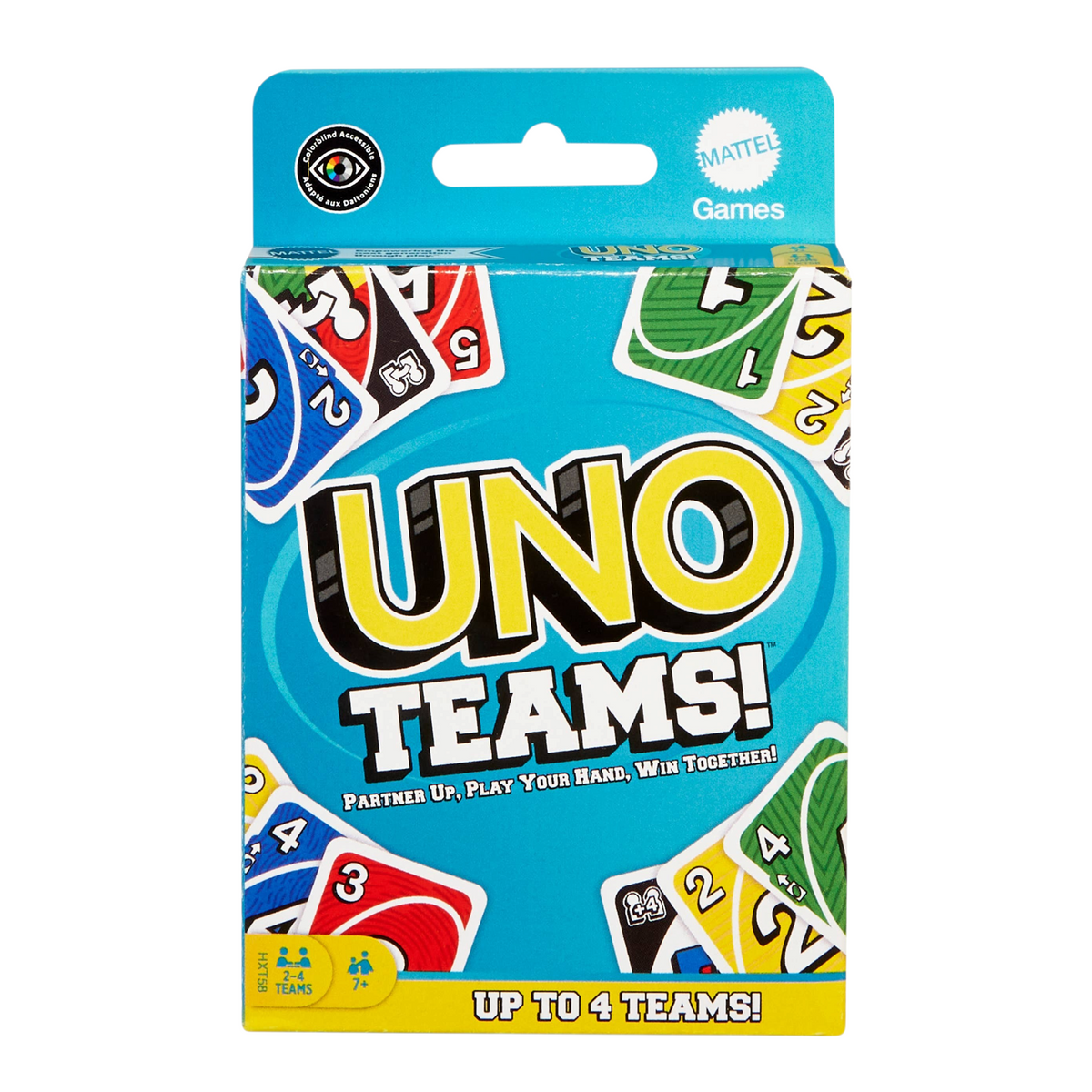 Mellow Monkey UNO Teams card game box featuring colourful playing cards and team-based gameplay for ages 7 and up.