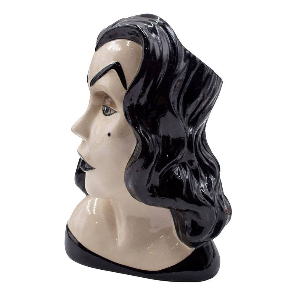 Mellow Monkey Vampira ceramic portrait vase with glossy black hair and gothic vintage style for home decor.