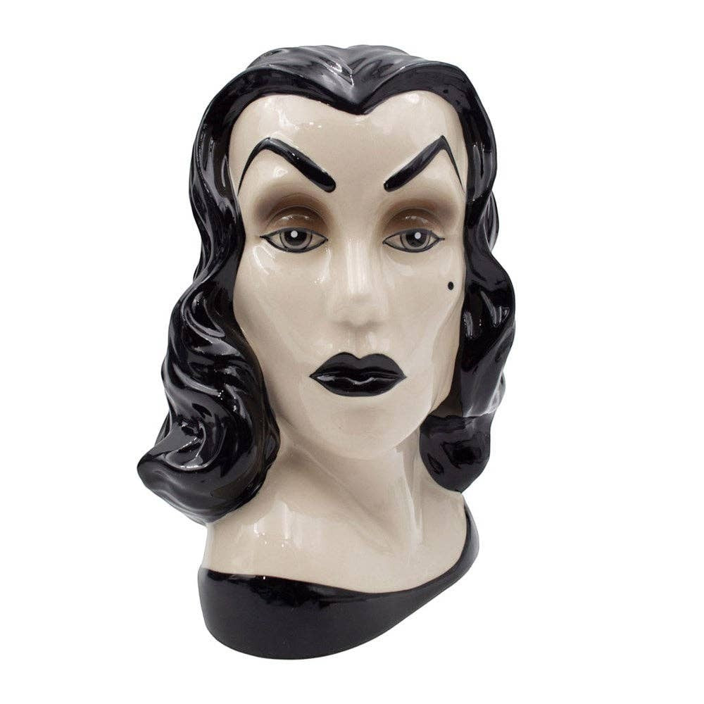 Mellow Monkey Vampira ceramic portrait vase in black and white with gothic vintage style for home decor.