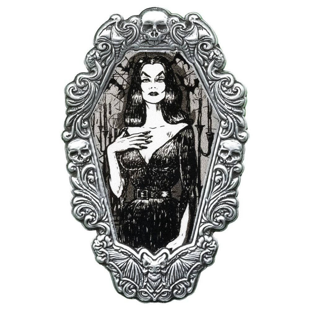 Mellow Monkey Vampira enamel pin featuring Dave Cook artwork in a silver coffin-shaped frame with skull details.