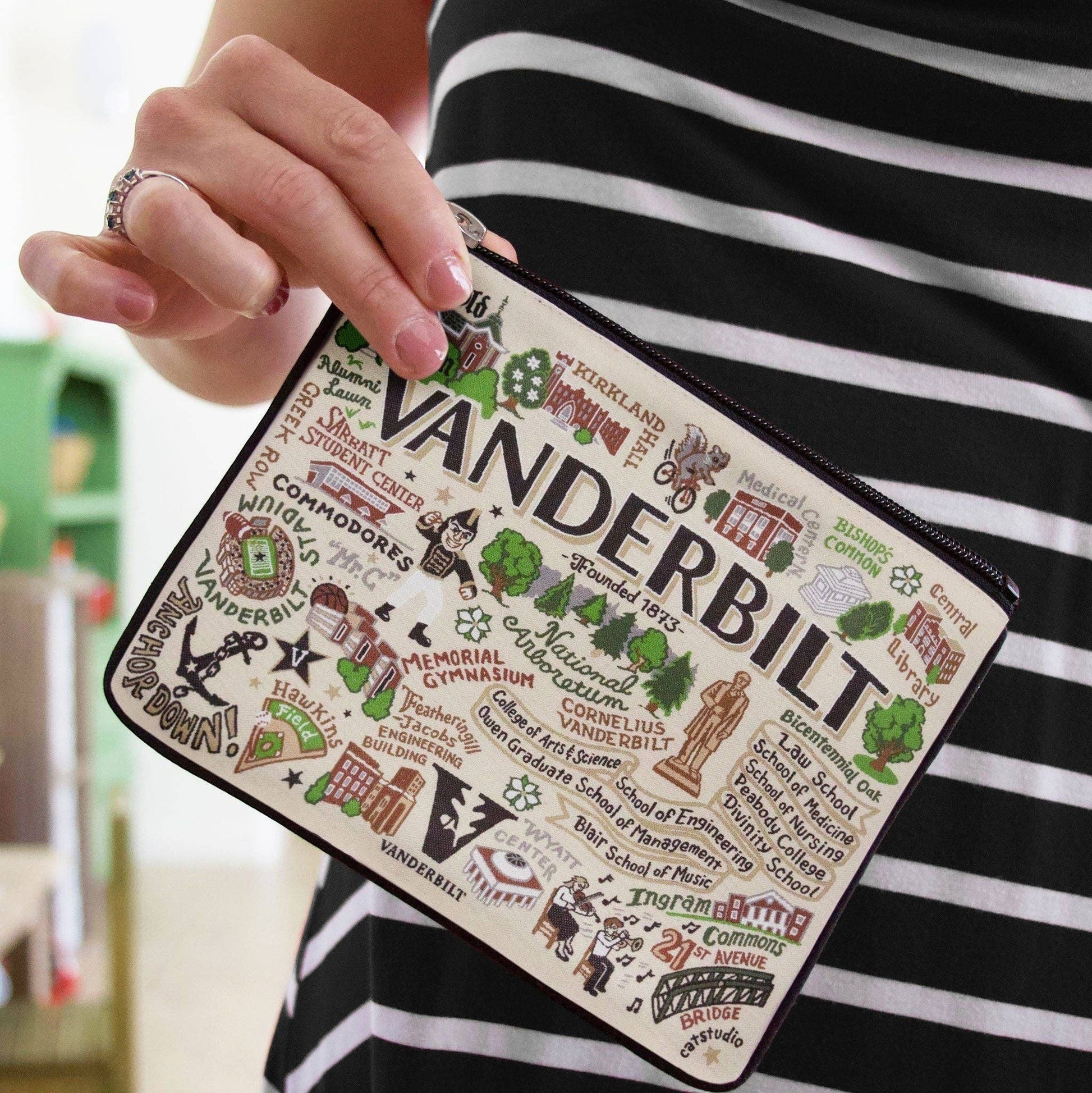 Mellow Monkey Vanderbilt University woven zip pouch with metallic thread, featuring campus landmarks and mascot.