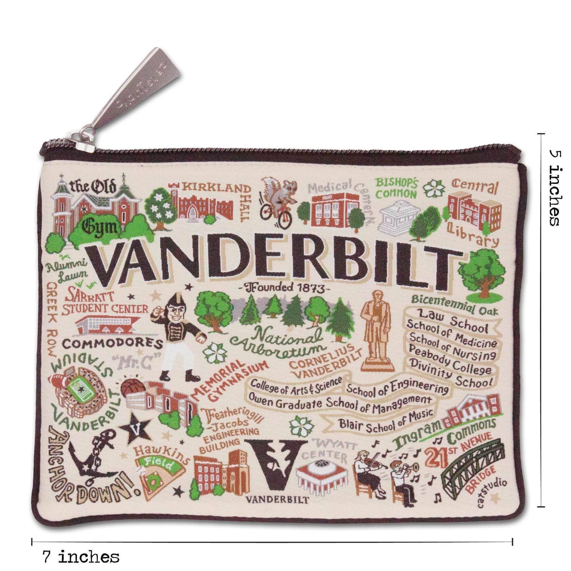 Mellow Monkey Vanderbilt University woven zip pouch with campus landmarks, mascot, and school name in metallic thread. Measures 7x5.5 inches.