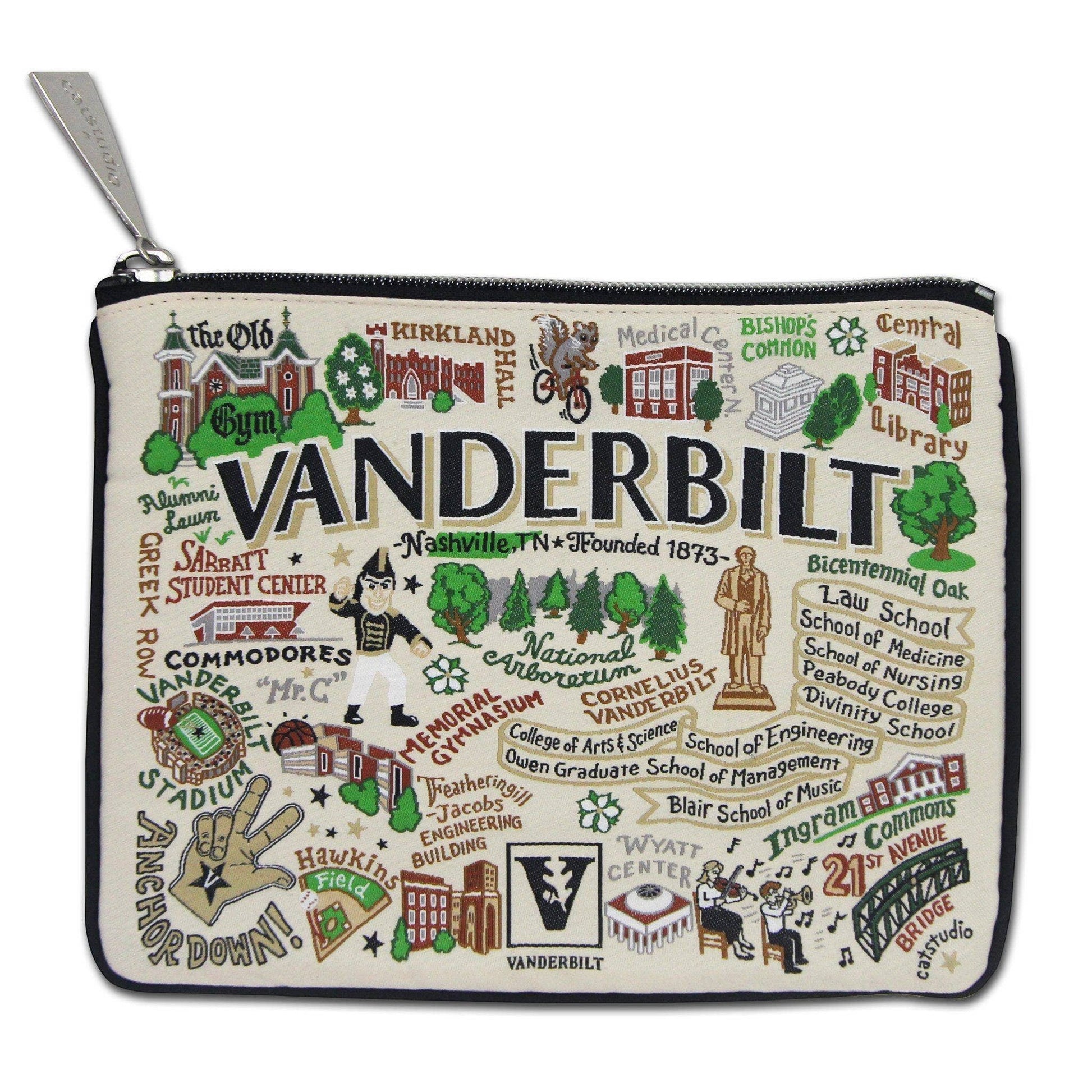 Mellow Monkey Vanderbilt University woven zip pouch with campus landmarks, mascot, and school name in metallic thread. 7" x 5.5"