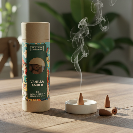 Mellow Monkey vanilla amber incense cones with a ceramic holder and illustrated cardboard tube on a wooden table