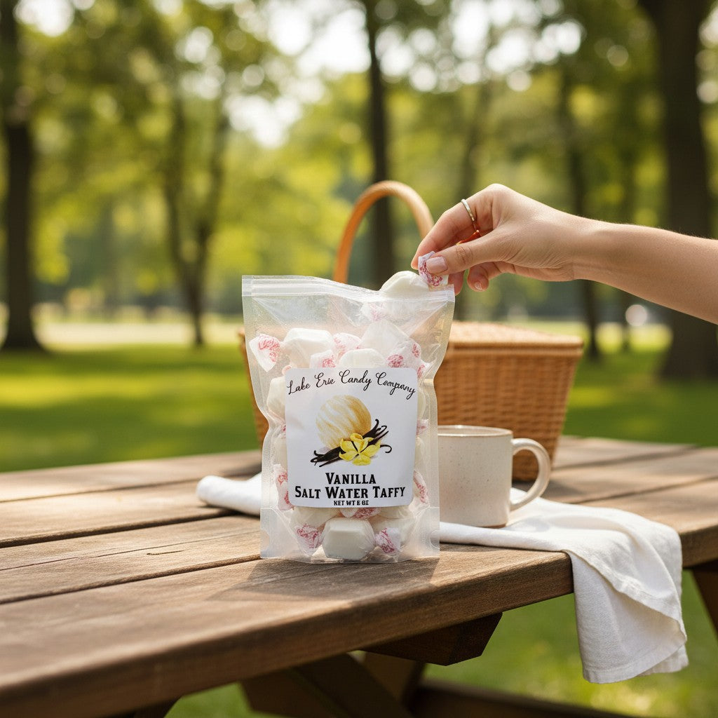 Mellow Monkey vanilla salt water taffy in a clear bag on a wooden picnic table with a hand reaching for a piece.