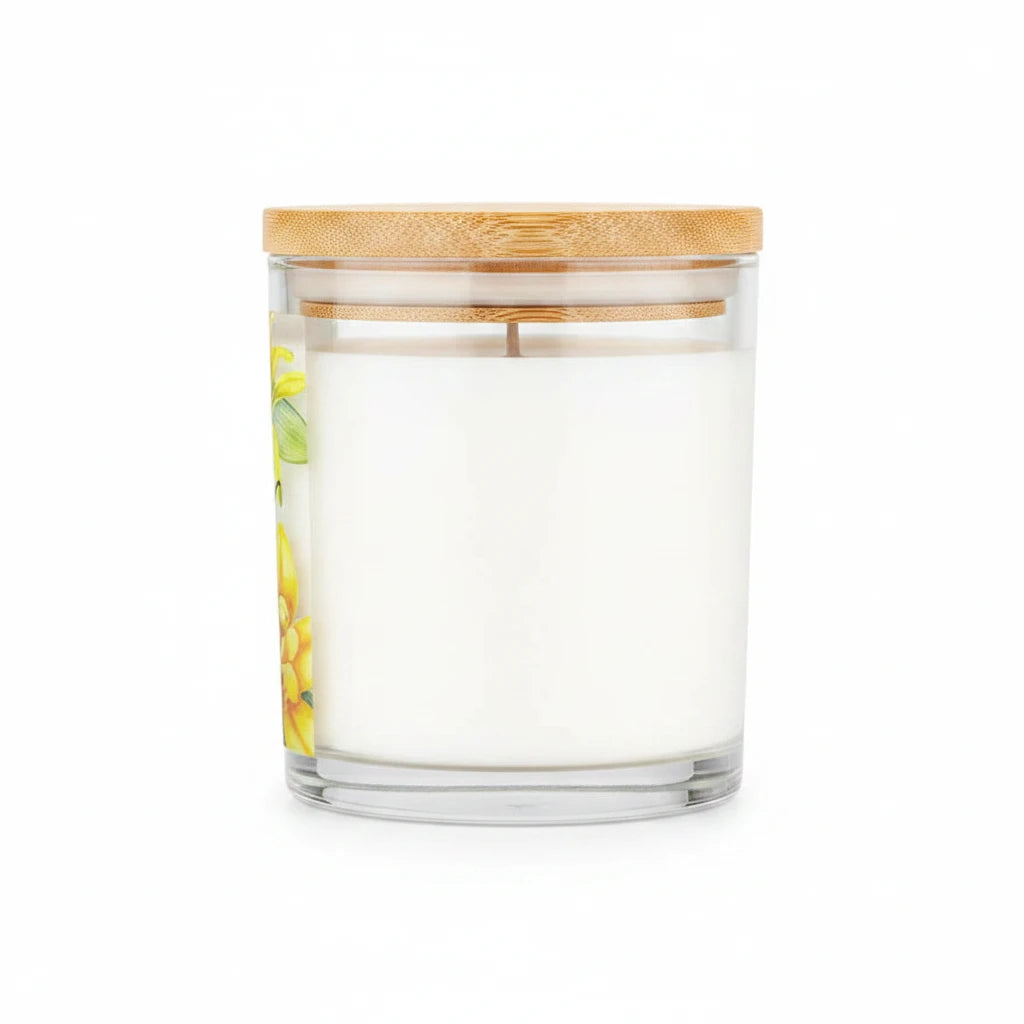 Mellow Monkey Vanilla Sandalwood Pet House candle in a glass jar with a bamboo lid for odor neutralization