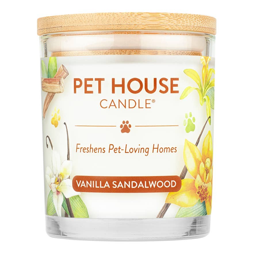 Mellow Monkey Pet House candle in Vanilla Sandalwood scent with a bamboo lid and floral label design