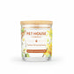 Mellow Monkey Pet House Vanilla Sandalwood odor-neutralizing candle in a glass jar with a wooden lid