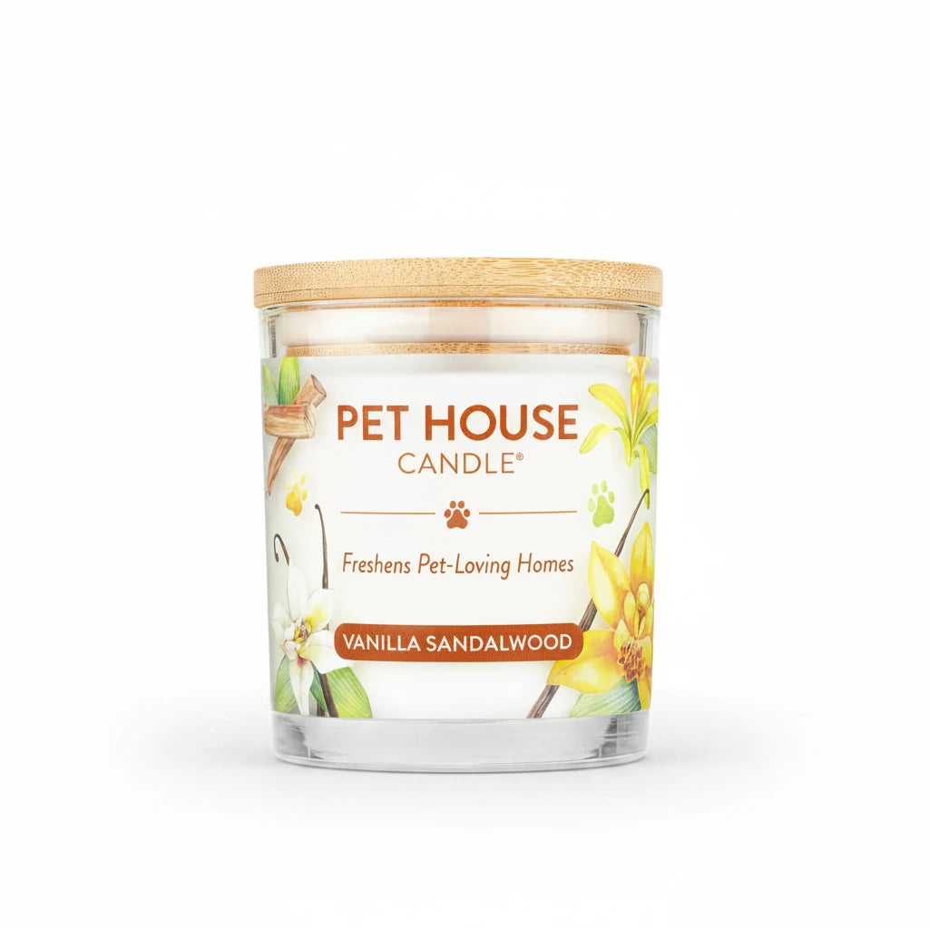 Mellow Monkey Pet House Vanilla Sandalwood odor-neutralizing candle in a glass jar with a wooden lid