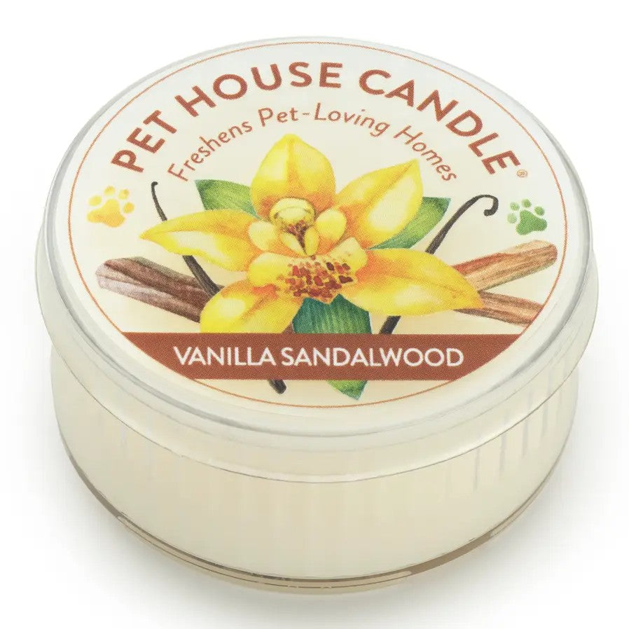 Mellow Monkey Pet House mini candle in Vanilla Sandalwood scent, designed to neutralize pet odors in a clear jar.
