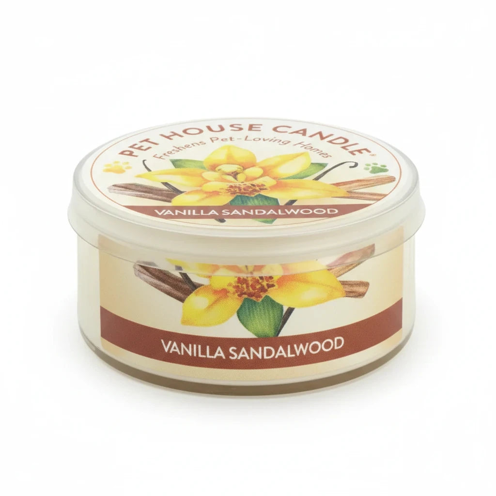 Mellow Monkey Pet House mini candle in Vanilla Sandalwood scent, a 1.5-oz odor-neutralizing candle in a clear jar.