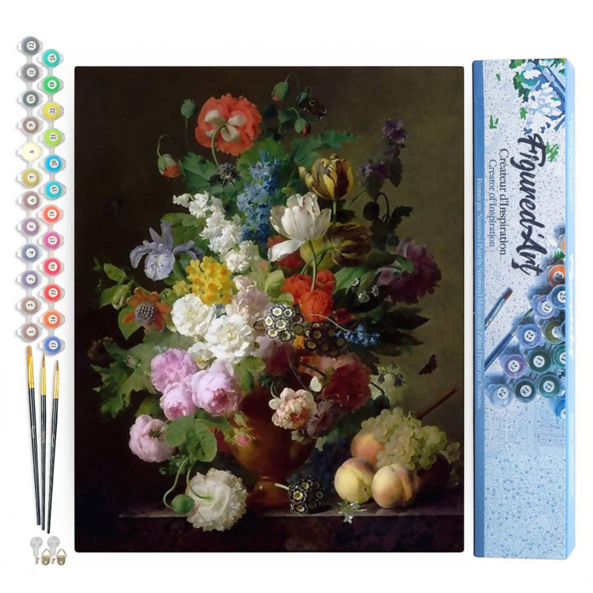 Mellow Monkey paint by numbers kit featuring Jan Frans van Dael Vase of Flowers with linen canvas, paints, and brushes