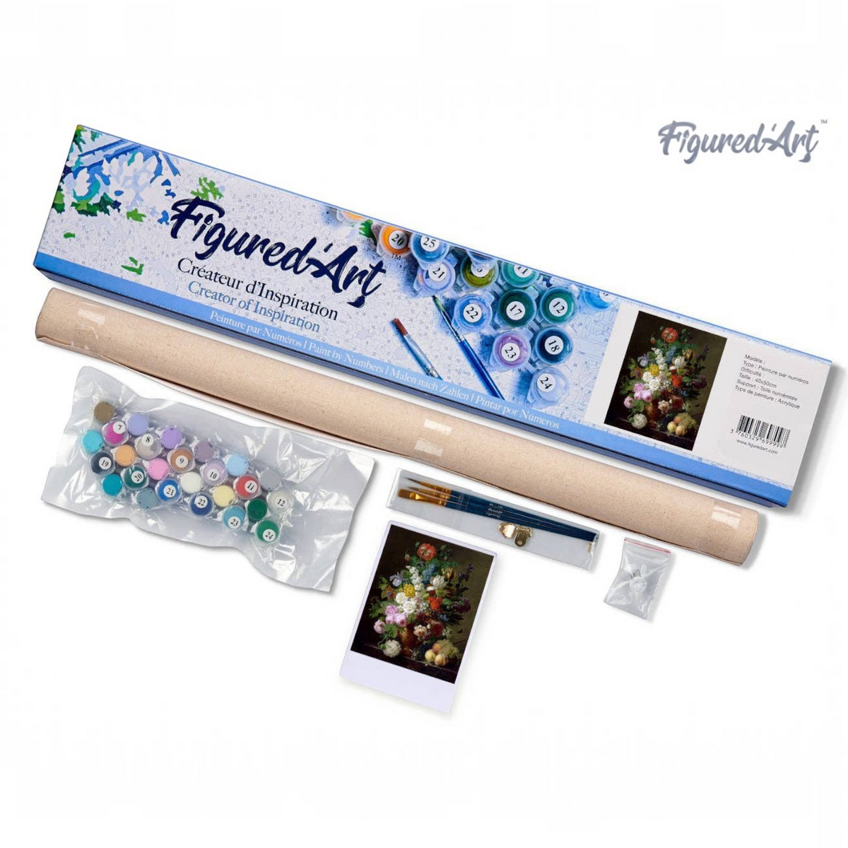 Mellow Monkey paint by numbers kit featuring Jan Frans van Dael Vase of Flowers with linen canvas and acrylic paints.