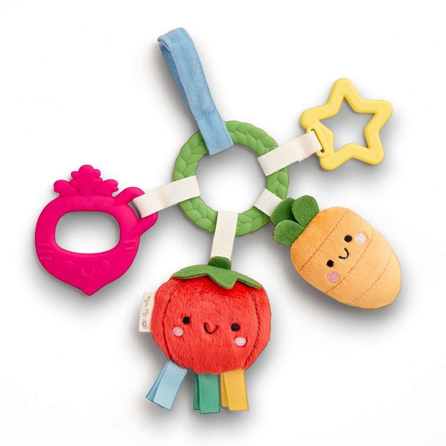 Mellow Monkey Bitzy Busy Ring veggie activity toy with plush tomato, carrot, star teether, and pink beet teether.