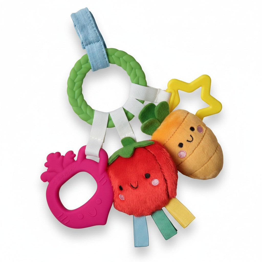 Mellow Monkey Bitzy Busy Ring veggie activity toy with textured teethers, crinkle plush vegetables, and jingle bell.