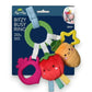 Mellow Monkey Bitzy Busy Ring veggie teething toy with plush carrot, tomato, and textured silicone rings.