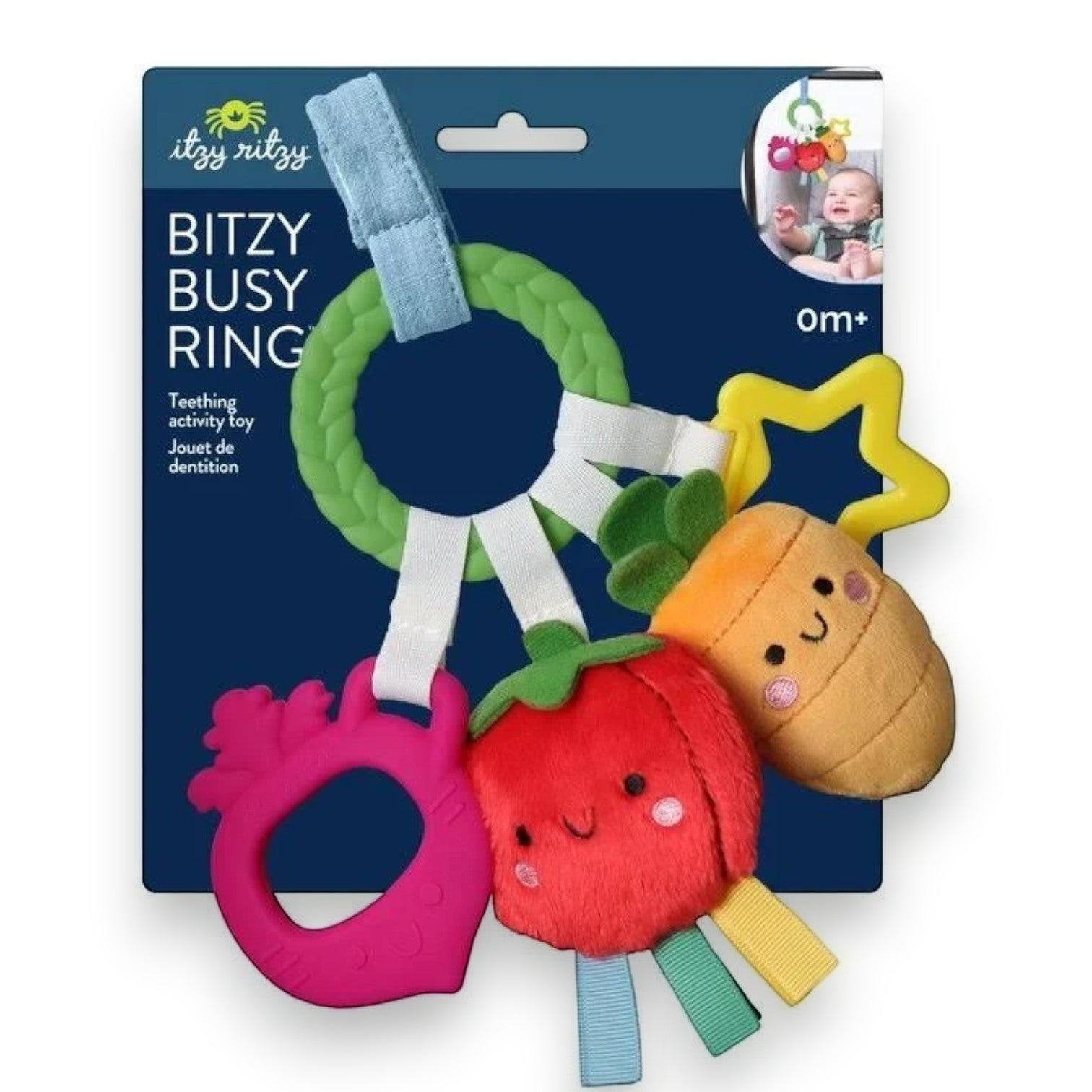 Mellow Monkey Bitzy Busy Ring veggie teething toy with plush carrot, tomato, and textured silicone rings.
