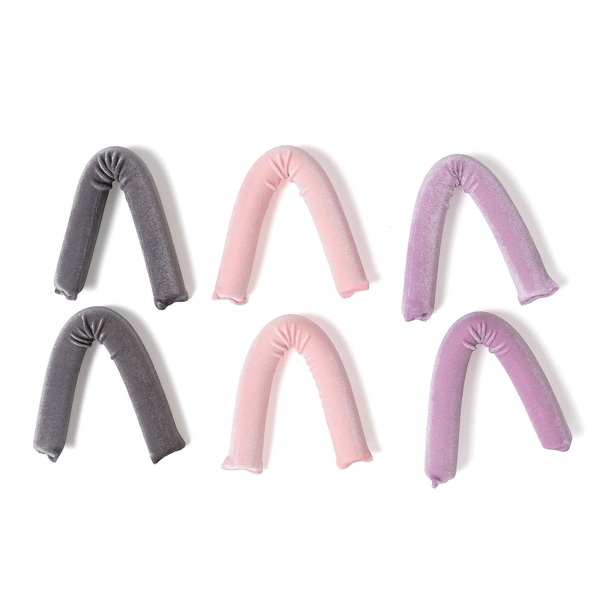 Mellow Monkey How We Roll velvet hair rollers in grey, pink, and purple for heatless waves. Jumbo size.