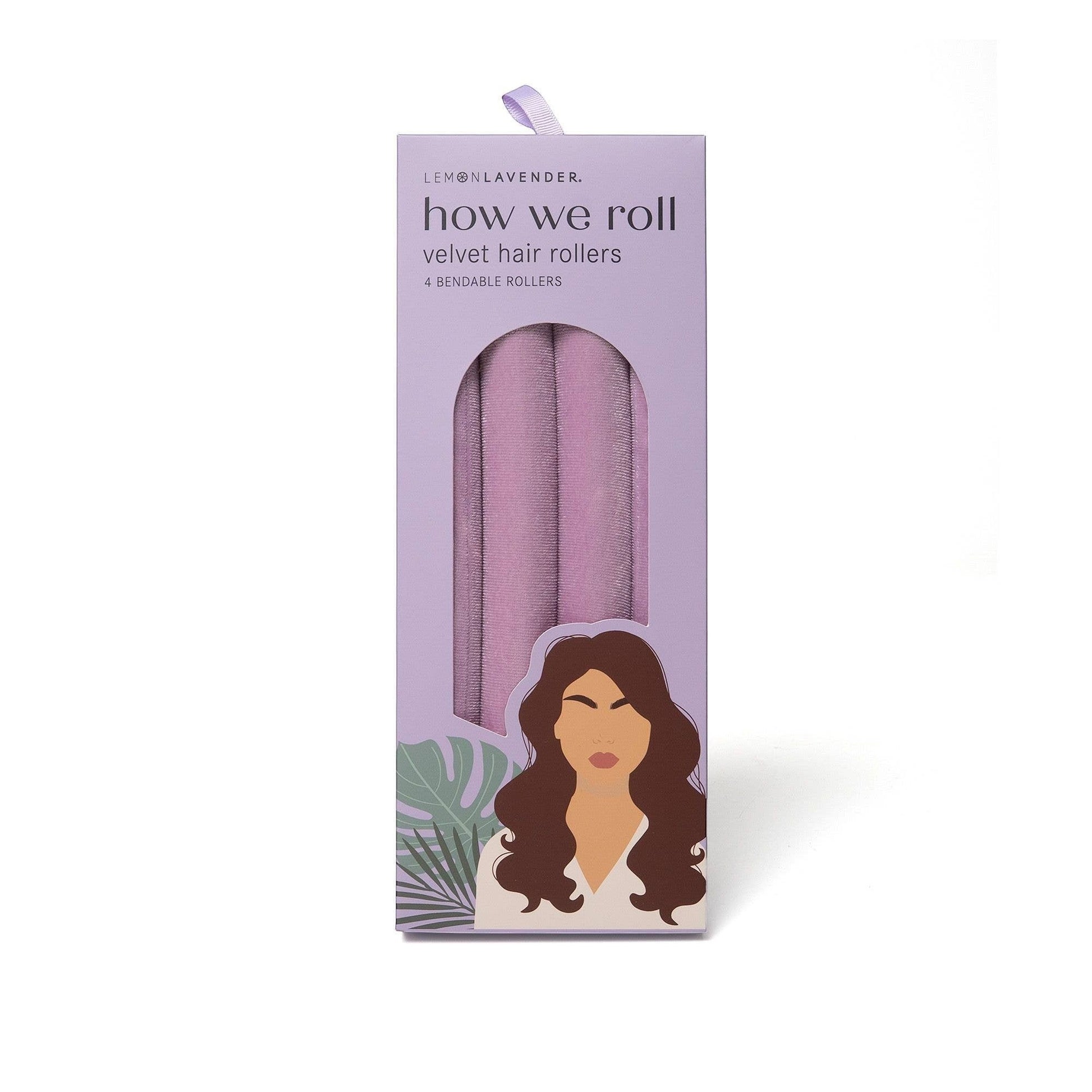 Mellow Monkey How We Roll velvet hair rollers in light purple, 4 bendable jumbo rollers for heatless waves.