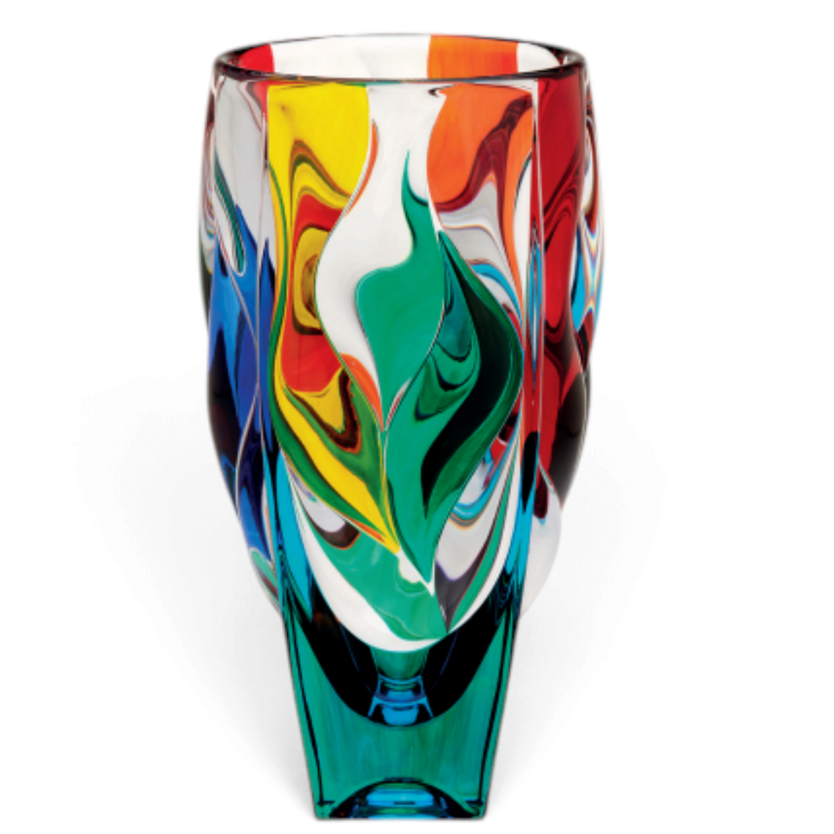 Mellow Monkey 11-inch hand-painted Venetian crystal bamboo vase with vibrant multicolored swirl patterns.