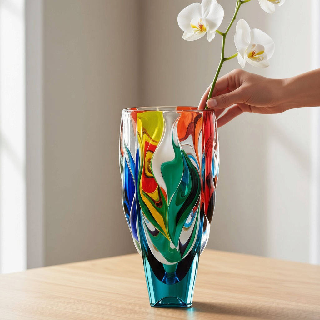 Mellow Monkey 11-inch hand-painted Venetian crystal glass vase with vibrant multi-colored abstract patterns