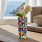 Mellow Monkey 6-inch Venetian crystal bud vase featuring a colorful mosaic pattern with a single white rose