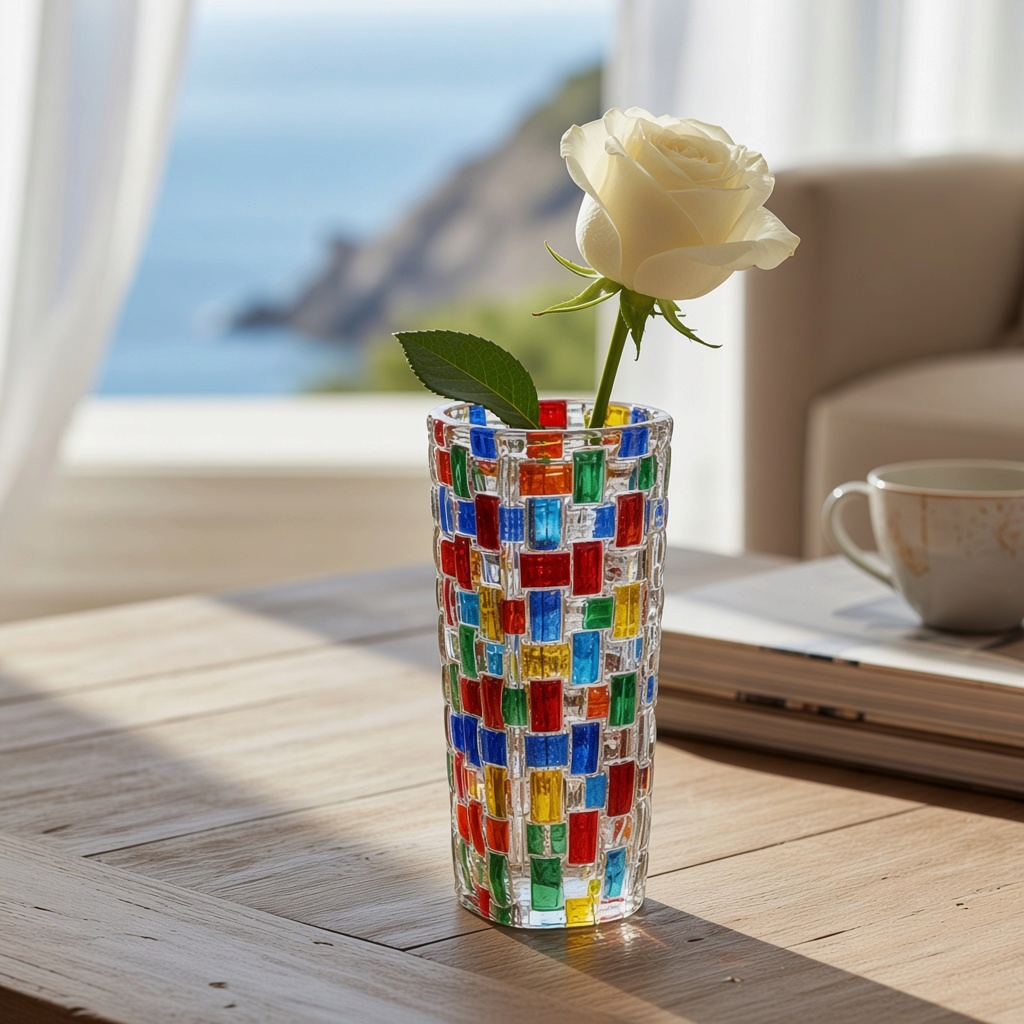 Mellow Monkey 6-inch Venetian crystal bud vase featuring a colorful mosaic pattern with a single white rose