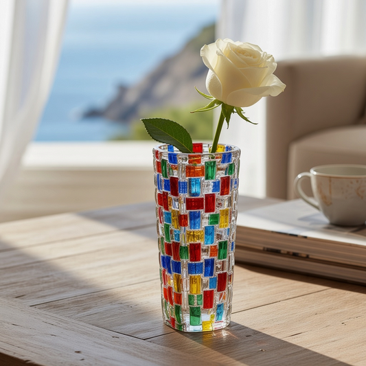 Mellow Monkey 6-inch Venetian crystal bud vase featuring a colorful mosaic pattern with a single white rose