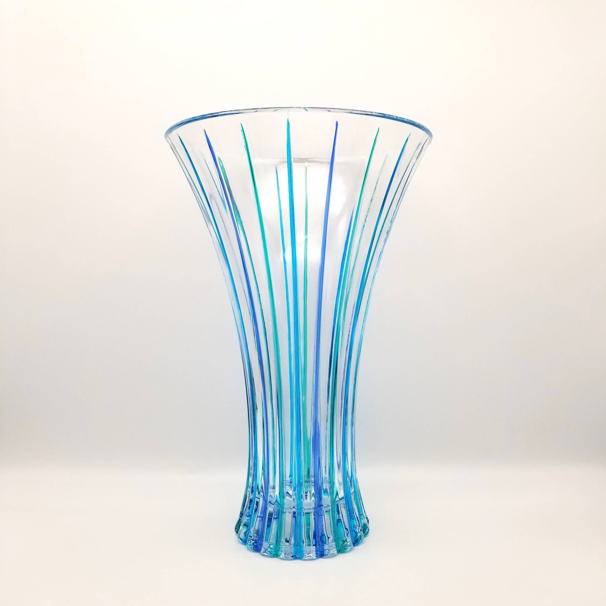 Mellow Monkey 12-inch Venetian crystal fluted vase with hand-painted blue and aqua vertical stripes