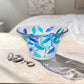 Mellow Monkey hand-painted Venetian glass bowl with aqua and blue Tree of Life design, 5-in diameter.