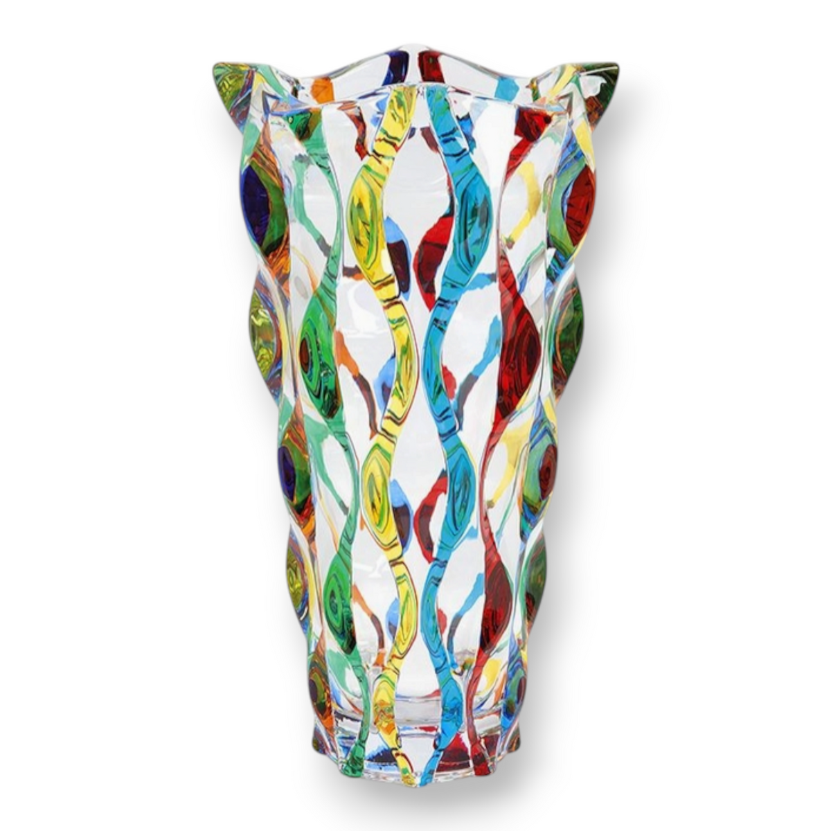 Mellow Monkey 12-inch hand-painted Venetian glass vase with vibrant multicolored wavy patterns on clear crystal