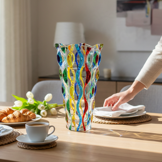 Mellow Monkey 12-inch hand-painted Venetian glass vase with colorful wavy patterns on a dining table.