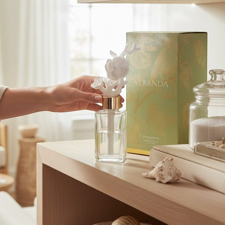 Mellow Monkey Veranda Porcelain Diffuser with a white bee on flower design, French Gardenia scent, 80ml glass bottle.