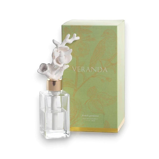 Mellow Monkey Veranda Porcelain Diffuser in French Gardenia scent with a white coral and flower topper.