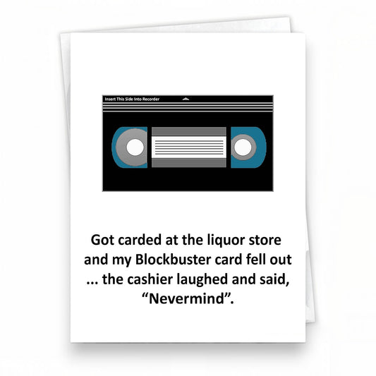 Mellow Monkey funny birthday card featuring a vintage VHS tape illustration and a nostalgic Gen-X humor quote.