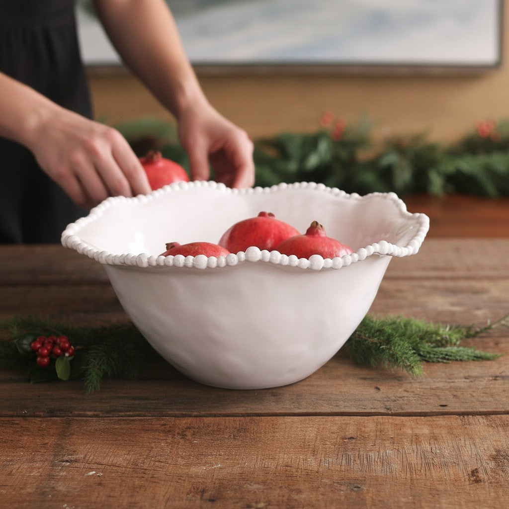 Mellow Monkey VIDA Alegria large white melamine serving bowl with beaded rim and matching salad servers.