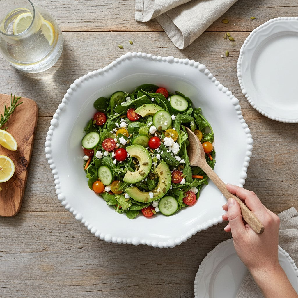 Mellow Monkey VIDA Alegria large white melamine serving bowl with beaded rim, perfect for salads or fruit.