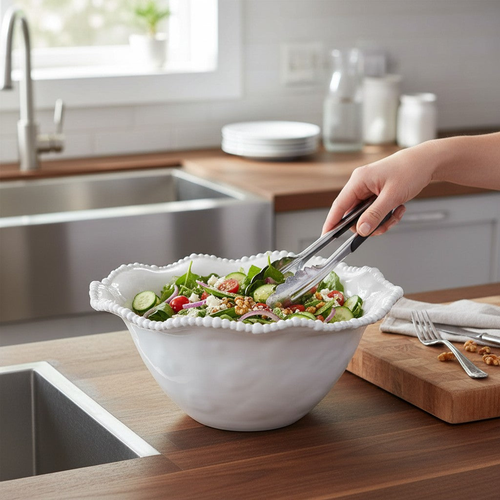 Mellow Monkey VIDA Alegria large white melamine serving bowl with beaded rim, perfect for salads or fruit.