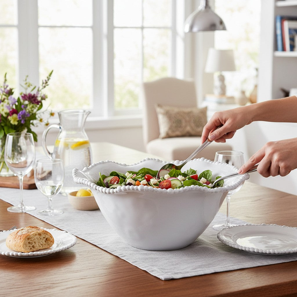 Mellow Monkey VIDA Alegria large white melamine serving bowl with beaded rim, perfect for salads or fruit.